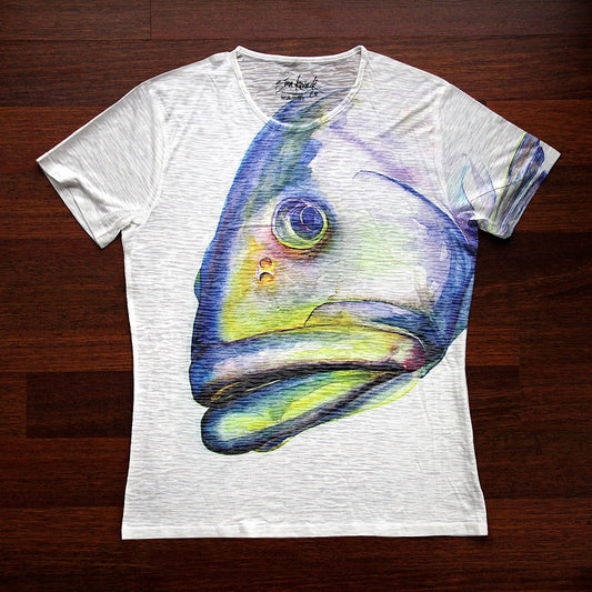 T-Shirt Digital Print Watercolor Design Men Grouper Blue