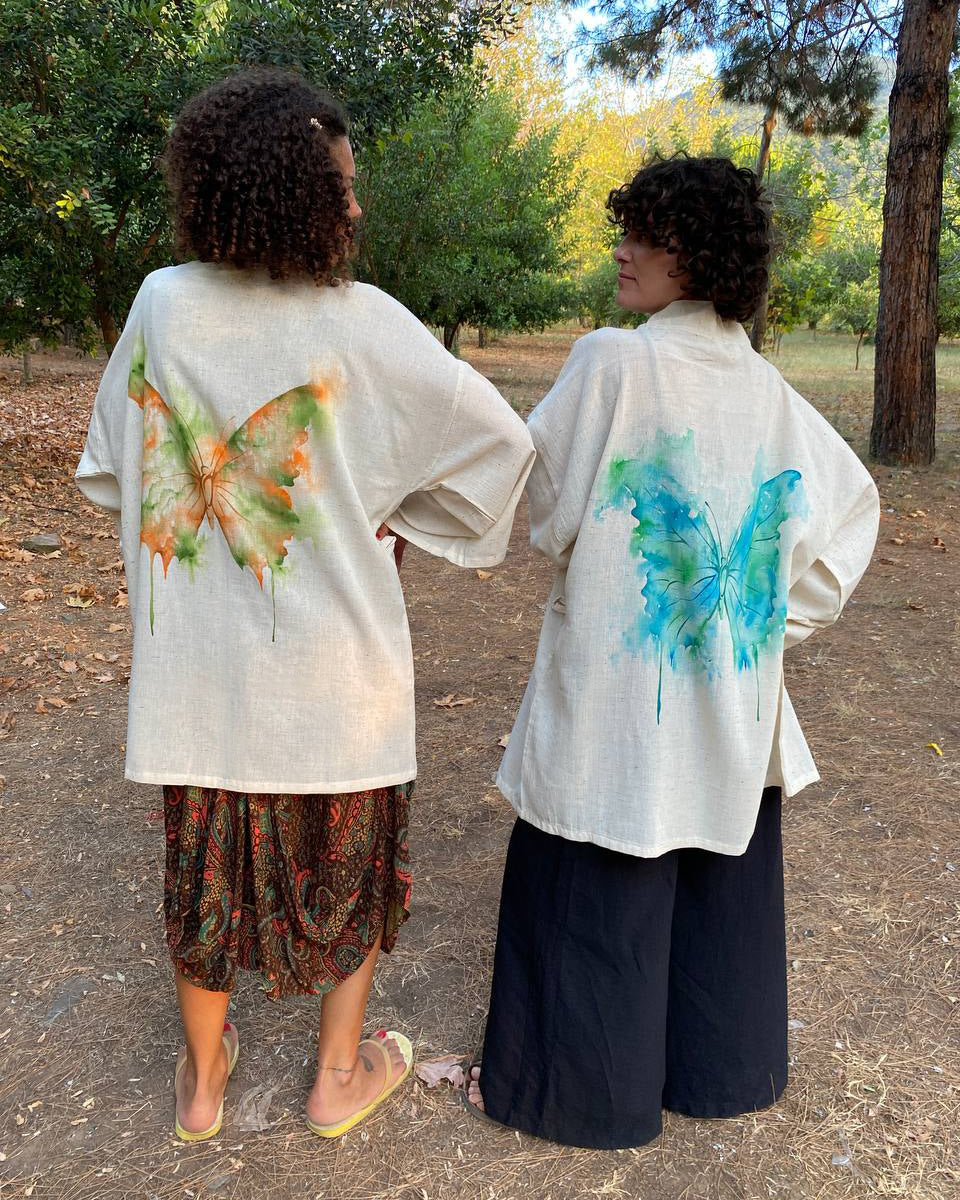 Kimono Hand-Painted ✧Butterfly✧ blue&green