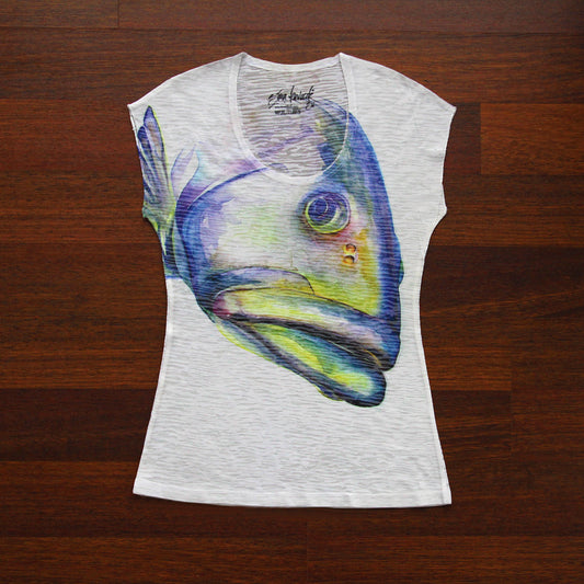 T-Shirt Digital Print Watercolor Design Women Grouper Blue